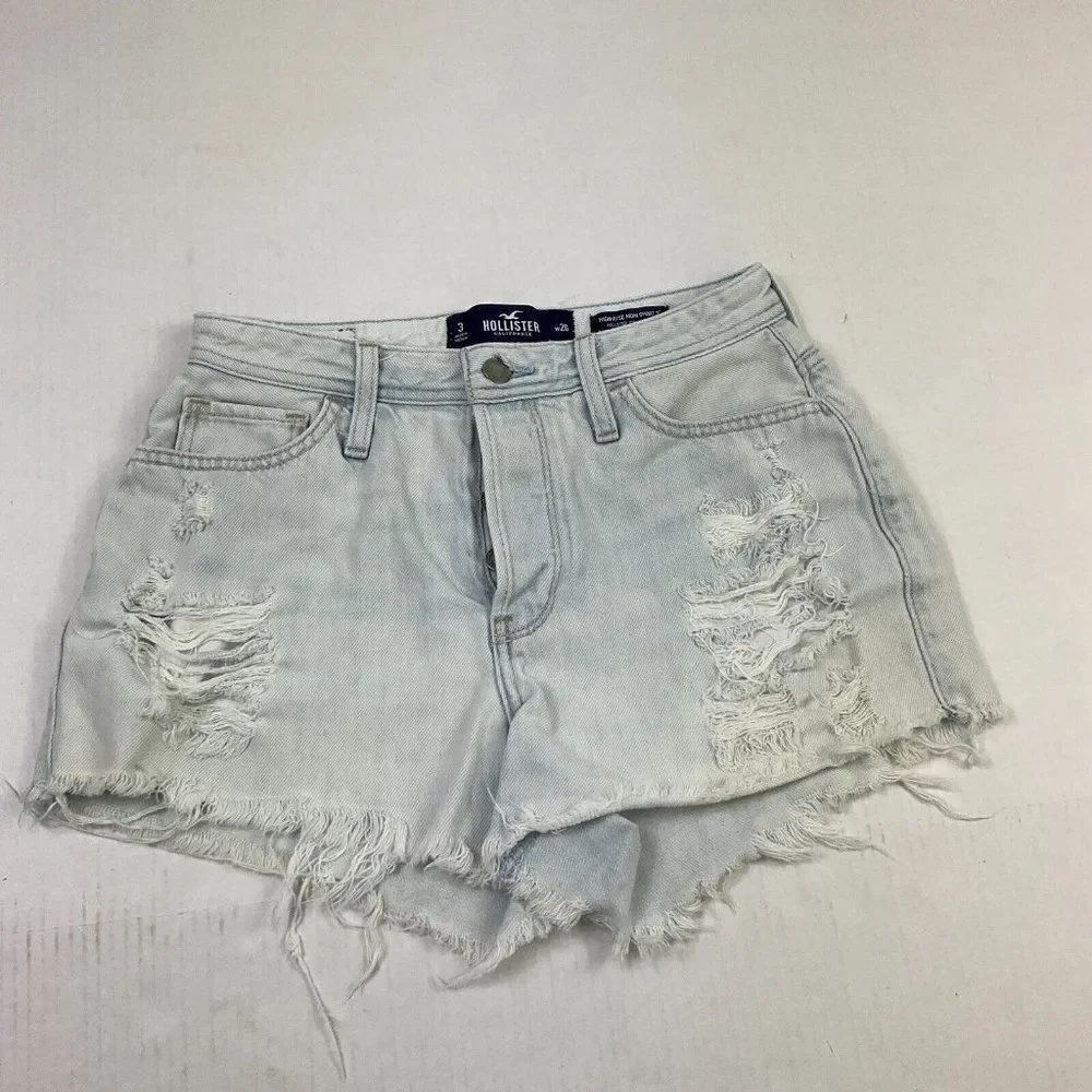 Hollister Womens Cotton High Rise Mom Shorts Blue Distressed Button Up Size 26 2